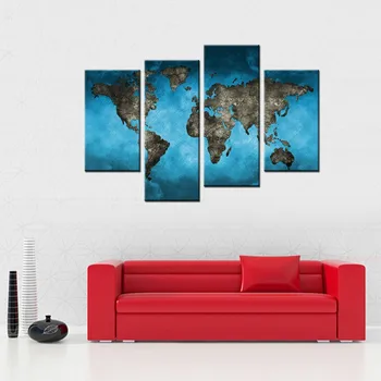 

4 Pieces Canvas Paintings Blue Background Retro World Map Wall Art Painting Pictures Print On Canvas Art The Picture Unframed