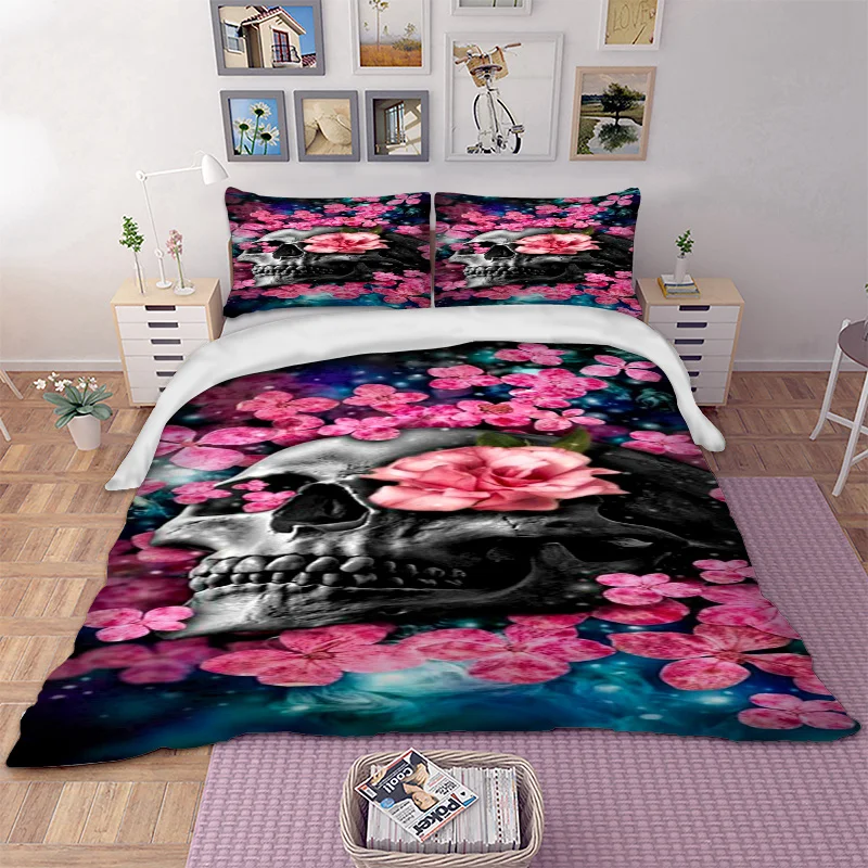 

Skull Floral Bedding Set US Twin Full Queen King AU Super King Size Flower Duvet Cover Pillow Cases Modern Quilt Cover Set Cool
