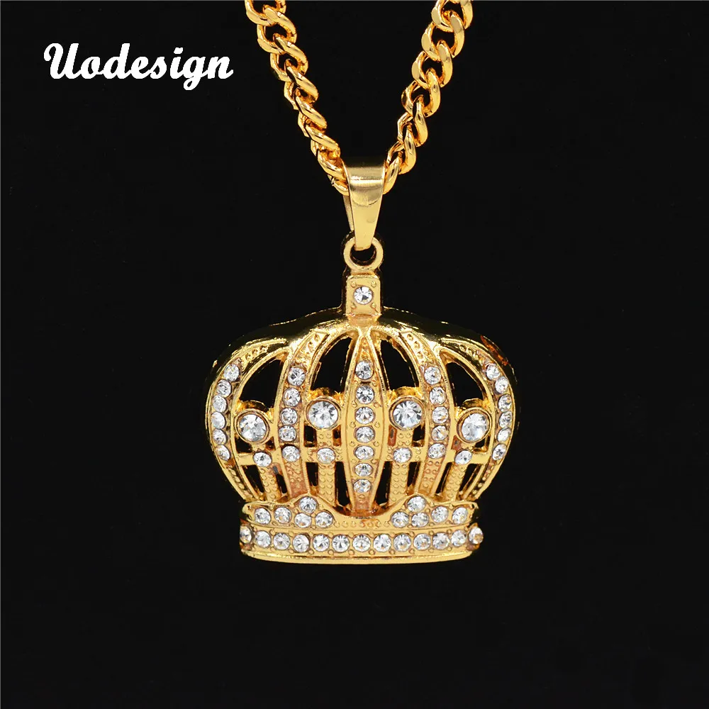 

Uodesign Crystal Gold-color Plated crown charm pendants High Quality Fashion Hiphop 75cm long pendant necklaces for men