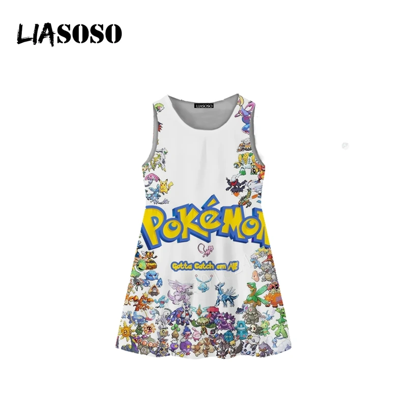 LIASOSO/Летнее Детское платье с 3D-принтом «Покемон» для подростков детское платье Пикачу без рукавов для мальчиков и девочек, плиссированный топ на бретелях, костюм с юбкой B117-02 - Цвет: 8