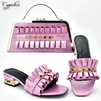 

New fashion pink slip-on shoes and bag set with stones for wedding/party 333-5 heel height 4cm