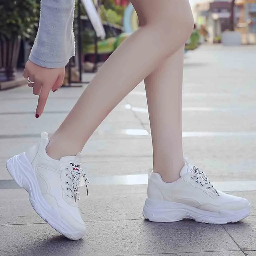 

Women Ladies Solid Lace Up Round Toe Wedges Casual Loafer Sneaker White Shoes women sneakers pumps women shoes 2019 spring