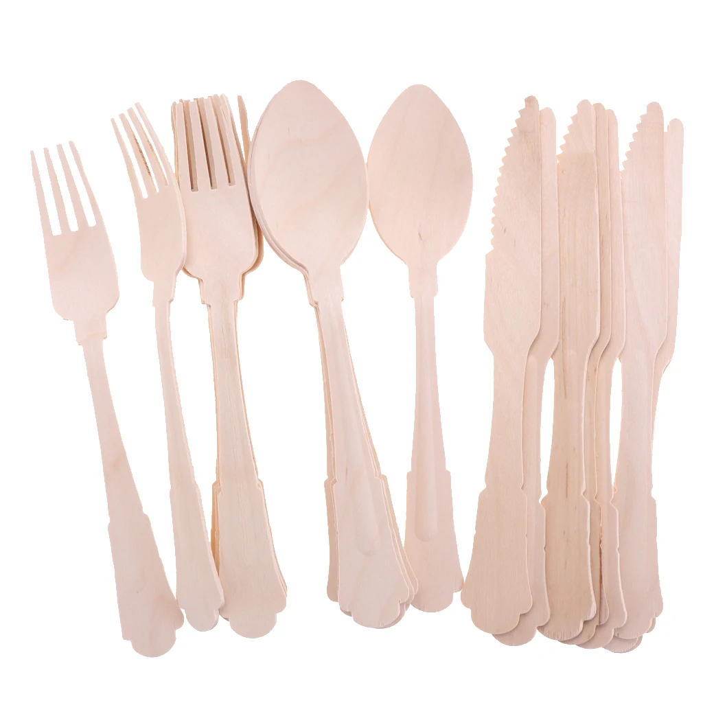 24pcs Disposable Wooden Cutlery Set Wooden Spoons Forks Knife for Weddings Party Events Dinner BBQ Supplies