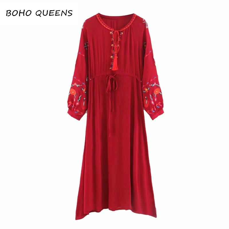 

Boho Chic vestidos vintage dress rayon cotton Floral embroidery tassel beach Bohemian maxi dress Ladies V neck Summer dress