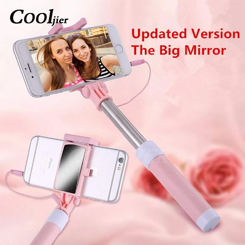 

COOLJIER Handheld Mini Selfie Stick For iPhone 6 6S plus For Xiaomi Huawei Samsung Universal Foldable Wired Monopod With Mirror