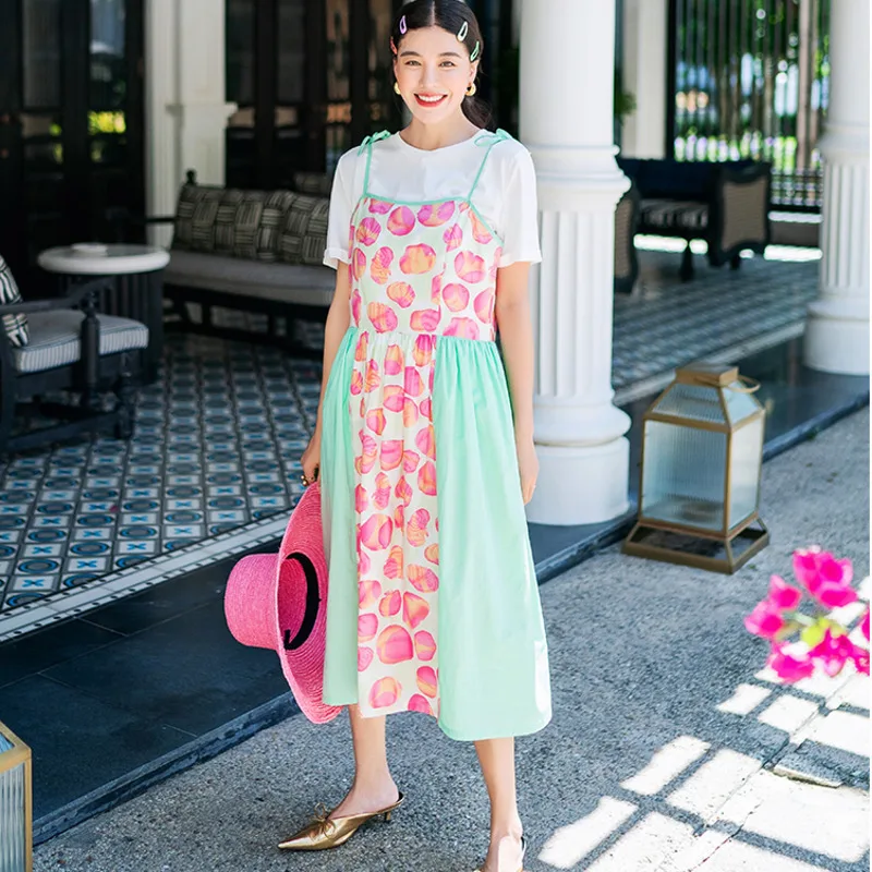 

LANMREM 2020 Summer New High Quality Chiffon Stitching Print Sleeveless Women Dress Panelled Loose Feminina Sling Dresses QJ6970