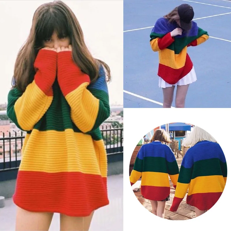 Цена Новинка 2019, Осенний женский свитер, длинный рукав, пэчворк, вязанный, Радужный, в полоску, пуловер, цветной, Sueter Mujer Invierno