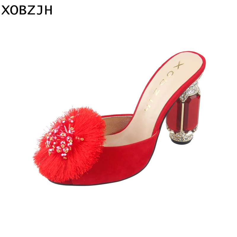 

XOBZJH 2019 New feather Buckle Open Toe Wedding Sandals Women Fashion Summer Luxury Slip On Red High Heel Shoes Plus Size Us11