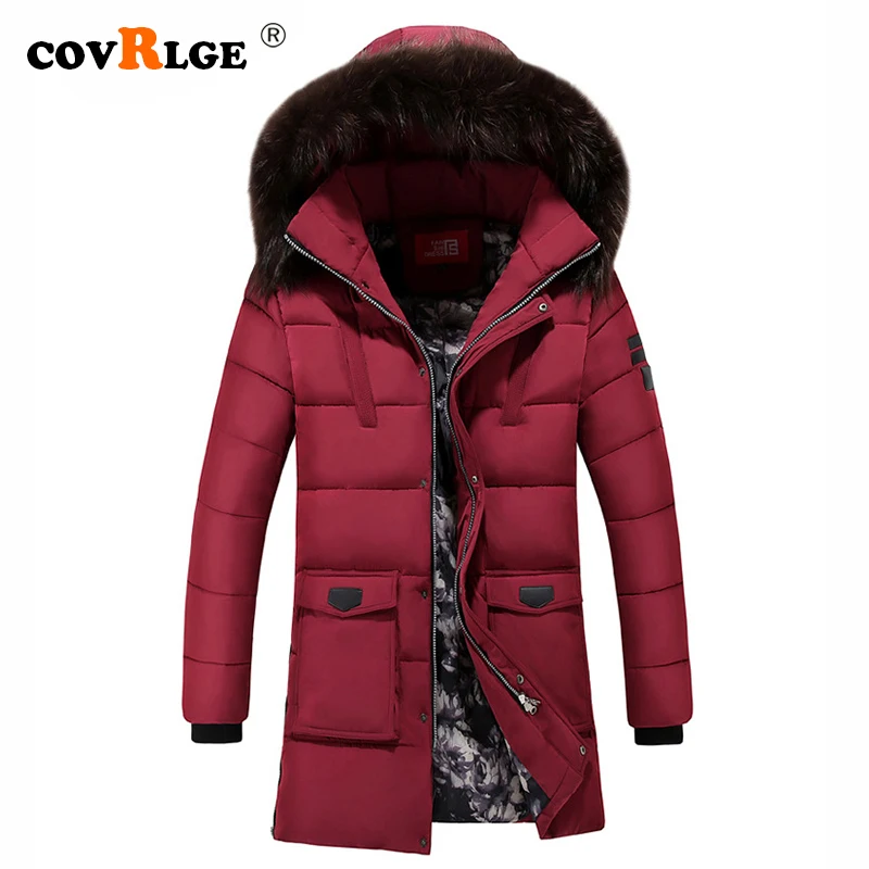 Covrlge Зимние новые мужские парки модные повседневные мех средней длины с капюшоном хлопковые пальто теплые большие размеры 4XL Верхняя одежда красный MWM081