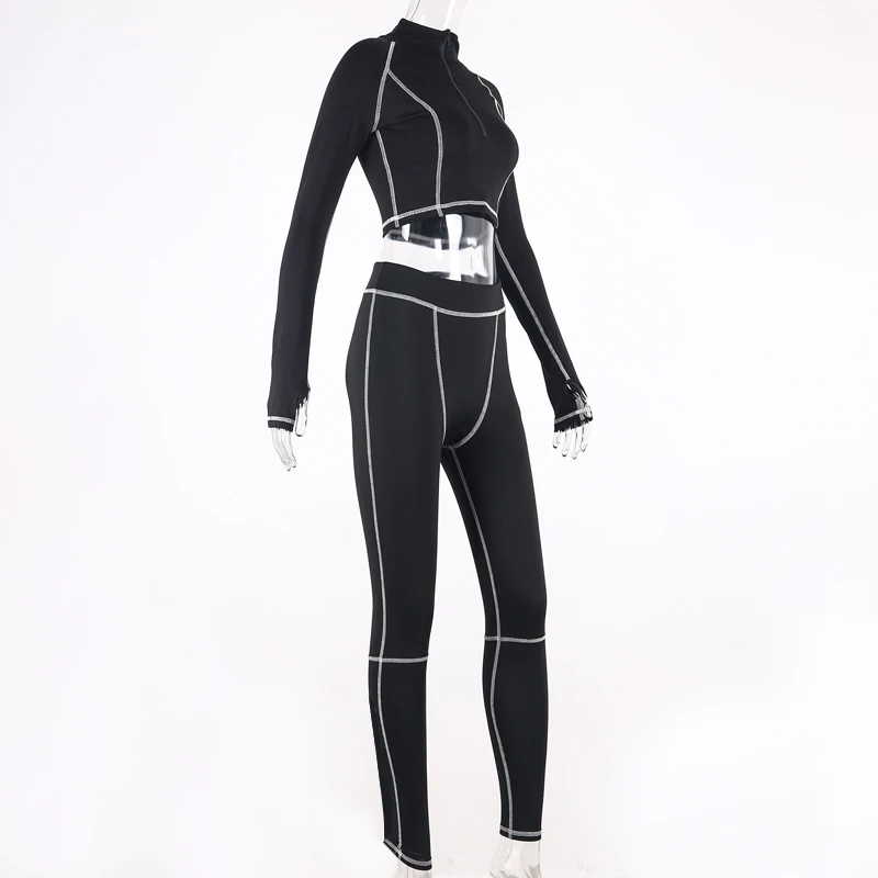 Hugcitar в полоску в стиле пэчворк на молнии кроп топы леггинсы 2 комплект из двух предметов 2019 осень женский спортивный костюм уличная женские