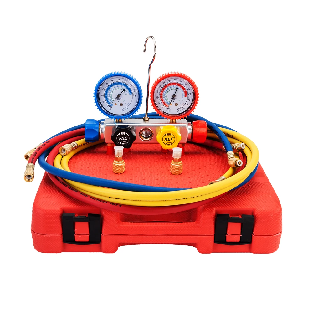 

New Durable R410 R134 R22 R407C Dual Manifold Gauges Valve Set with Black Plastic Case Red & Yellow & Blue & Bla