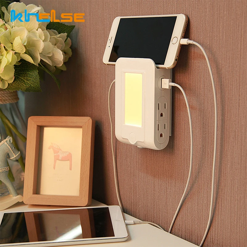 

New Smart Induction Lamp Wall Plug Socket Adaptor With Charger & Phone Holder Slot 4 Outlets 2 USB Charging Ports With LED Light