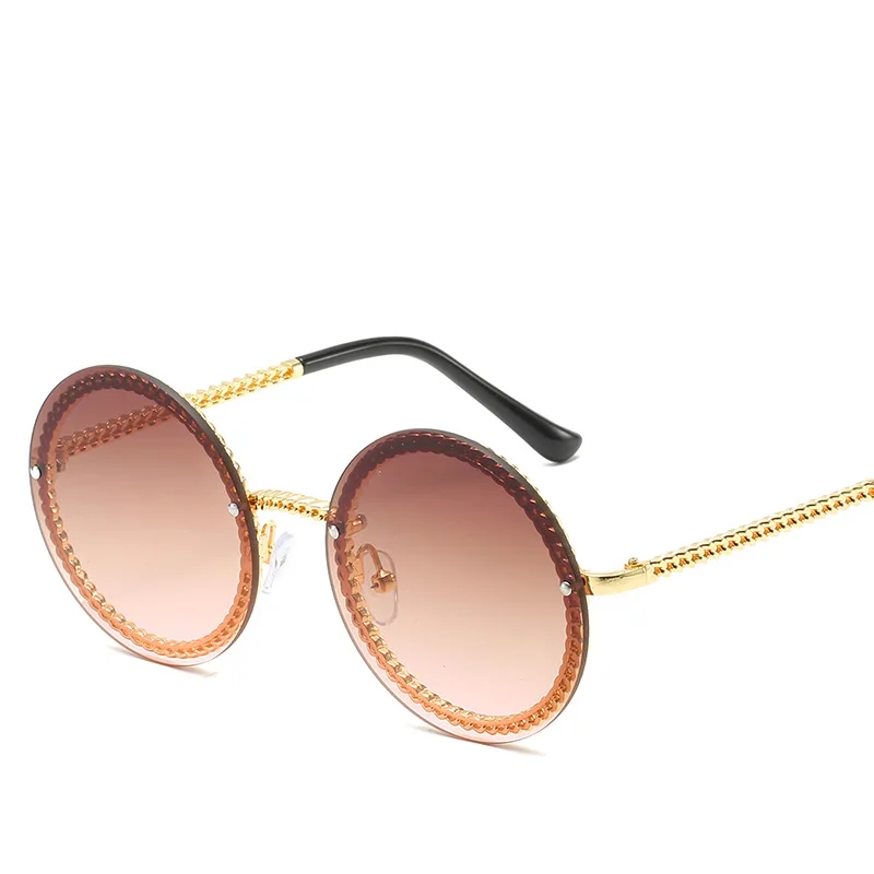 Новые женские солнцезащитные очки с металлической оправа с цепочкой, женские очки без оправы, брендовые дизайнерские модные трендовые роскошные круглые солнцезащитные очки UV400
