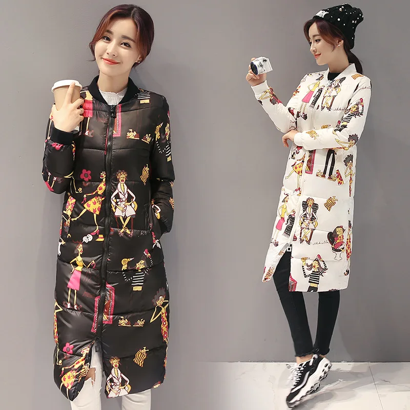Fashion Winter Women Long Coat Warm Down Cotton Coat for Woman Cartoon Print Slim Women Long