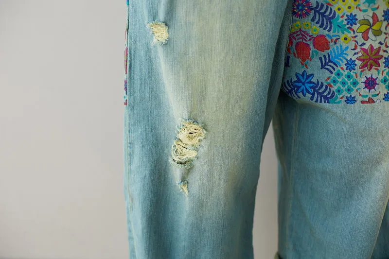 Всесезонные женские джинсовые комбинезоны с широкими штанинами, винтажные джинсовые комбинезоны с цветочным принтом, большие размеры, женские Комбинезоны на подтяжках с заниженным шаговым швом