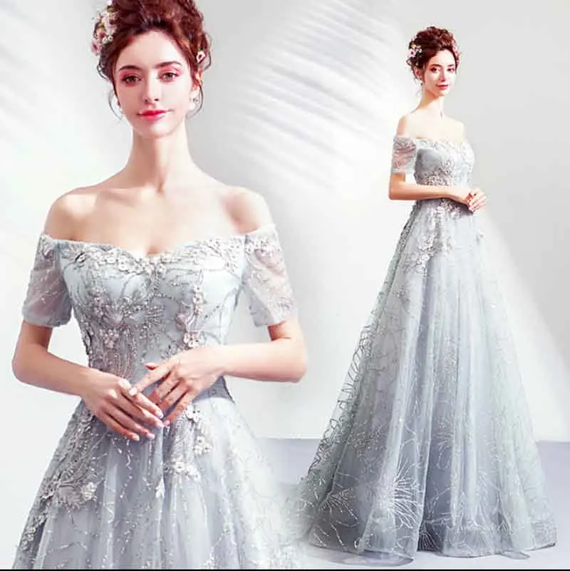 

2019 Gray Strapless Prom Ball Gown Wedding Bridal Embroidery Luxury Evening Formal Party Dress For Lady Plus Size 5XL 4XL 6XL