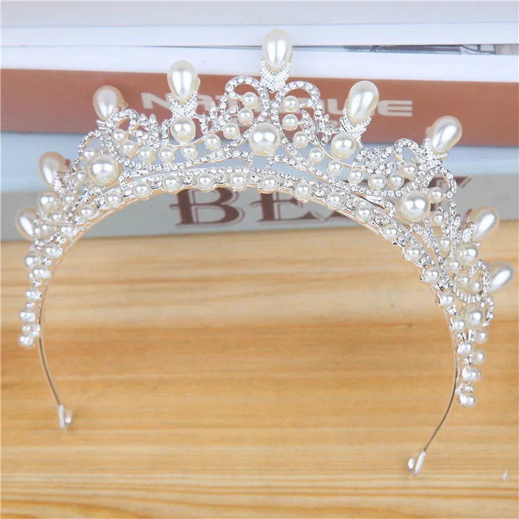 Faux Pearl Wedding Bridal Tiara Crown Little Girls Princess Crystal Rhinestones Exquisite Headband Birthday Tiaras, Silver (6)