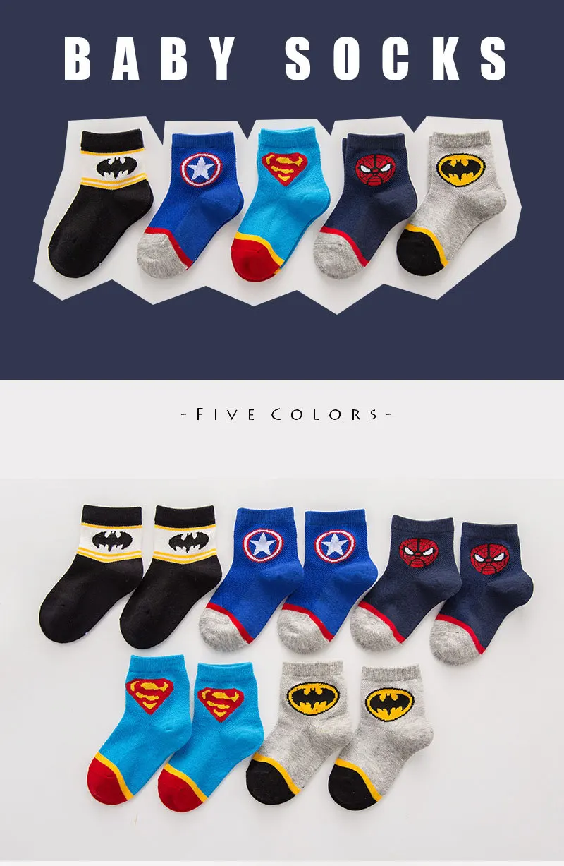 5 пар летних детских носков аниме аксессуары косплей Мстители хлопок мультфильм дети мальчики девочки носки