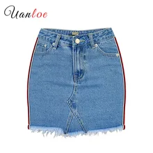 Сбоку в полоску с завышенной талией женские джинсовые юбки пуш-ап элегантная лента веб Faldas Mujer Moda Европа Америка Лето Сладкий Jupe Femme
