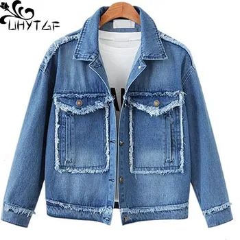 

UHYTGF L-5XL Oversized Women denim jacket fashion Loose Autumn Winter jeans jacket Lady Casual Bomber jacket Women outerwear 192