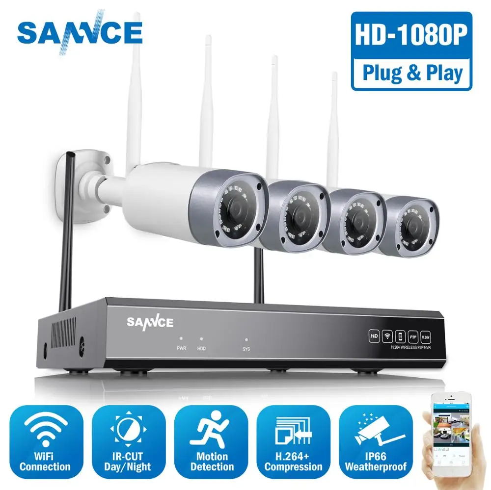 SANNCE 8CH 1080P Беспроводная система видеонаблюдения с 4 шт. 2.0MP наружная Всепогодная Wifi