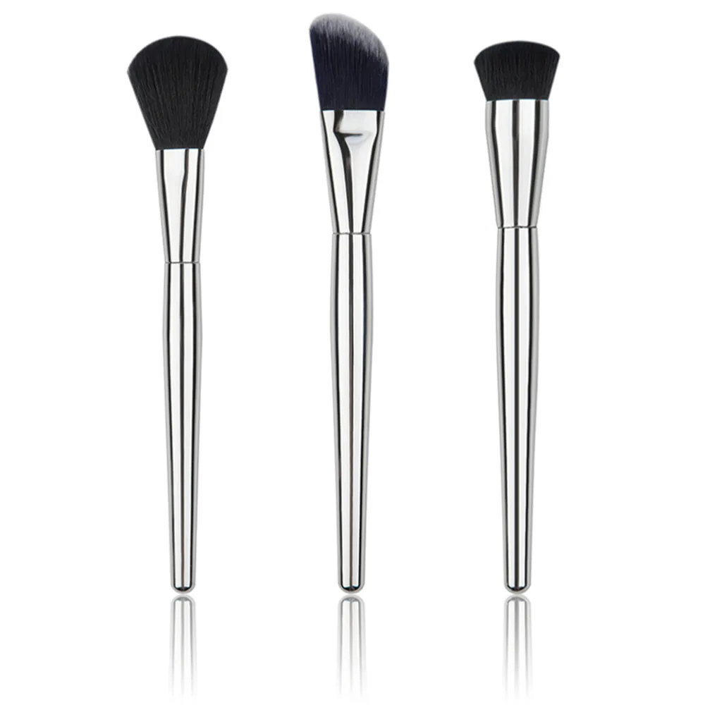 

3 Pcs Silver Makeup Brush Loose Paint Oblique /Round/Flat Head Short Hair Round Brush Flat Brush Set With Aluminum Handle hot