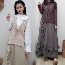 Винтажный жилет с v-образным вырезом и кружевной шнуровкой в стиле пэчворк mori girl осень-зима