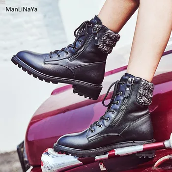 

Lace Up Zip Short Plush Martin Boots Leather Women Square Heel Women Motorcycle Boots Fur Knitting Round Toe Unisex Winter Shoes