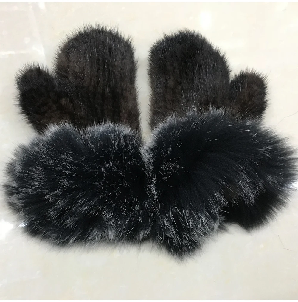 Стиль женские натуральная норка меховые перчатки вязаные милые женские настоящие норковые меховые перчатки с натуральным лисьим мехом