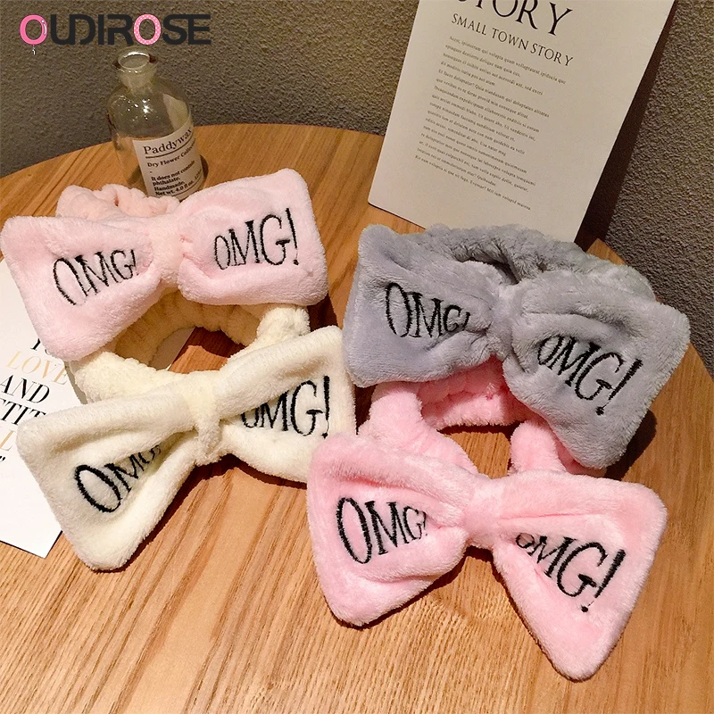 

OUDIROSE New Women's Bow Hair Band Fashion Letter OMG Coral Velvet Wash Hair Bundle Girls Cute Tiara Hairpin Hair Accessories