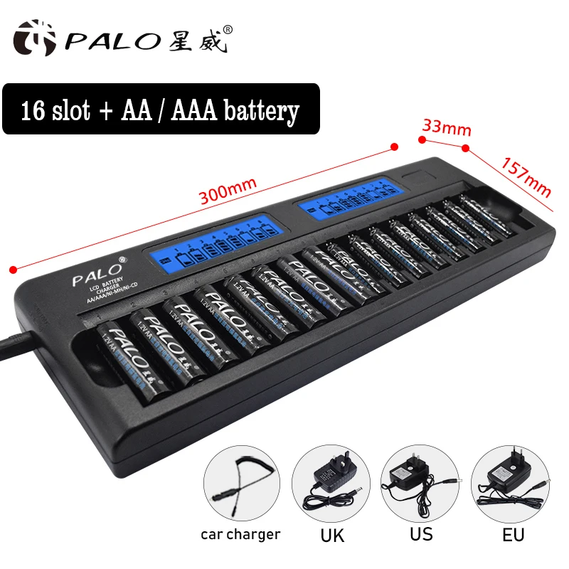 

PALO LCD Light Smart 16 slot quick Charger For NI-MH NI-CD AA AAA Rechargeable Batteries+ AA/AAA battery For wireless microphone