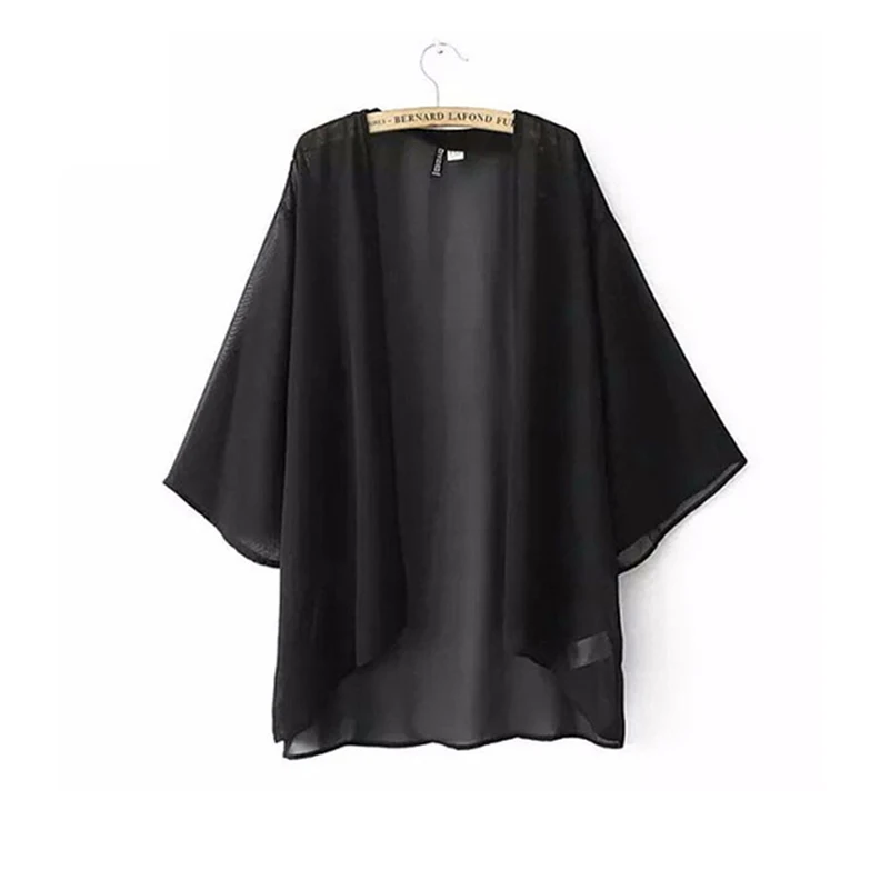 Chiffon Kimono Cardigan Casual 3/4 Batwing Sleeve Loose Black Women Blouses Shirts Plus Size Summer Women Tops Outerwear top