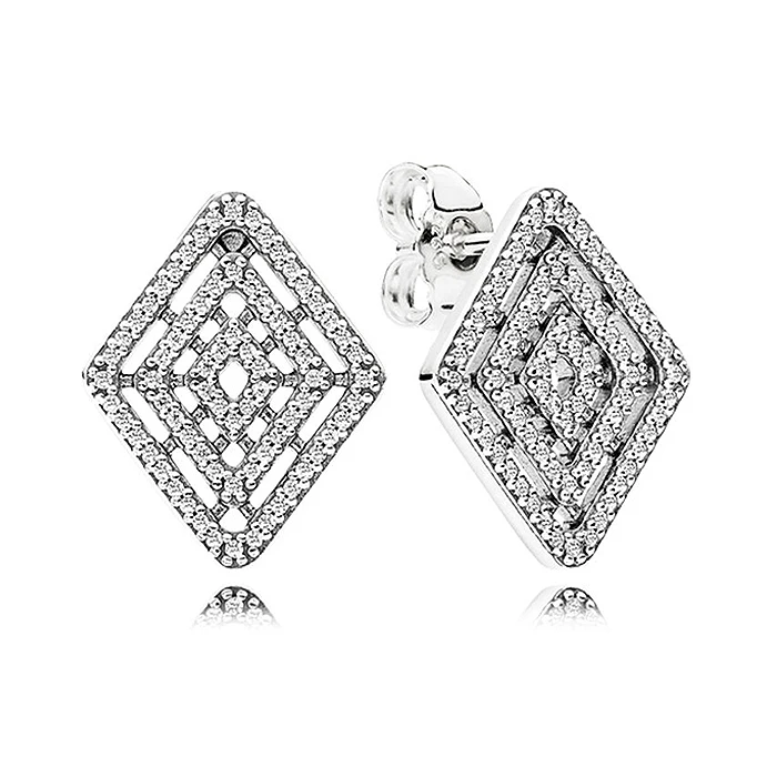 

New 925 Sterling Silver Earring Women Elegence Geometric Lines With Crystal Stud Earrings For Women Wedding Gift Pandora Jewelry