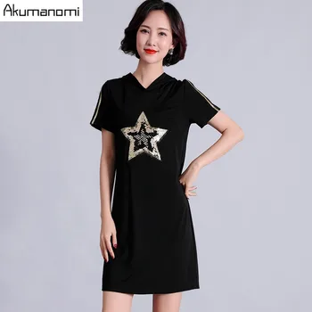 

Summer Dress Women 2019 Plus Size Casual Black Sequined Star Hooded Short Sleeve Straight Mini Dress Vestidos Verano Robe Femme