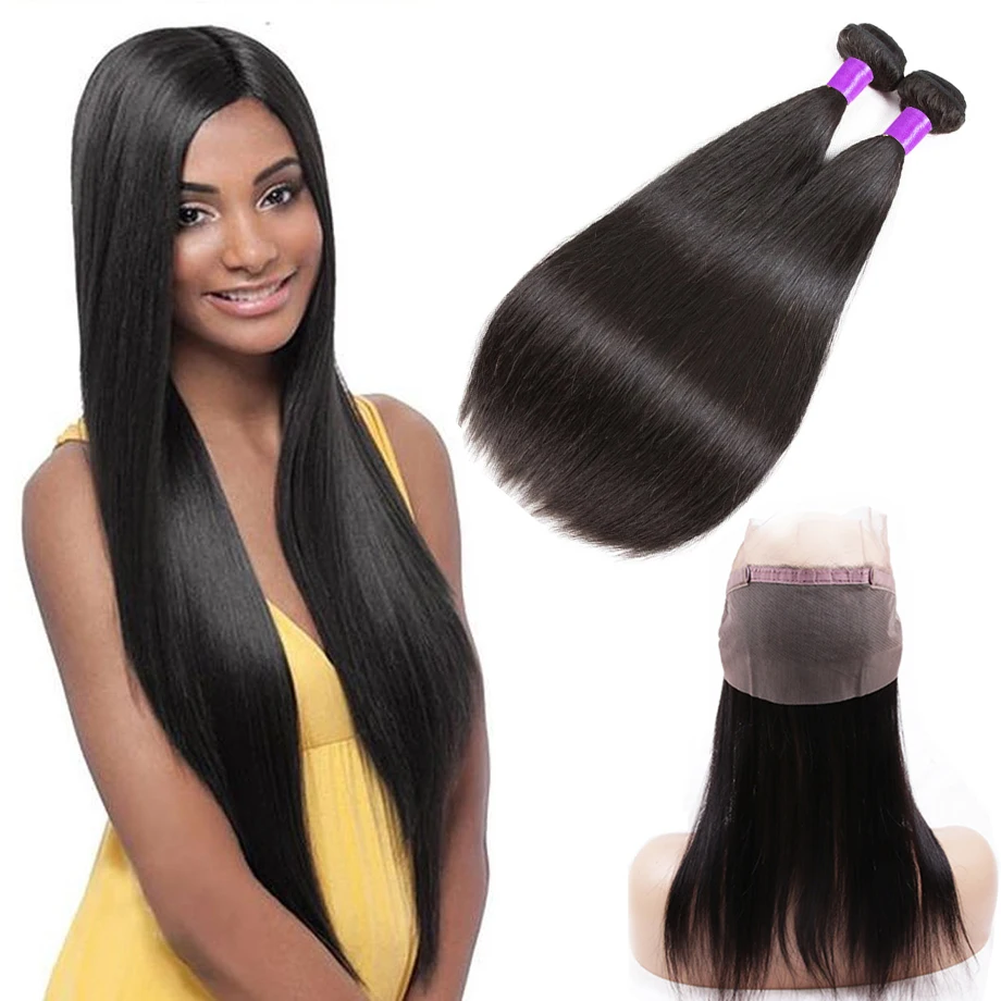 Piaoyi Straight Hair Bundles With 360 Lace Frontal Brazilian 2 Bundles Remy Human Hair With 360 Frontal With Baby Hair