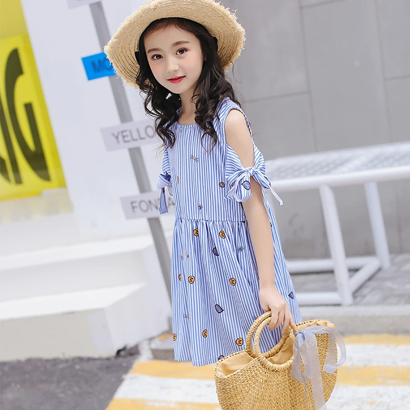 

Blue Girls Dresses A Line Bow Children's Summer Dresses Sweet Kid's Dress Girl's Clothing New Print Clothes 2018 Fashion Girl