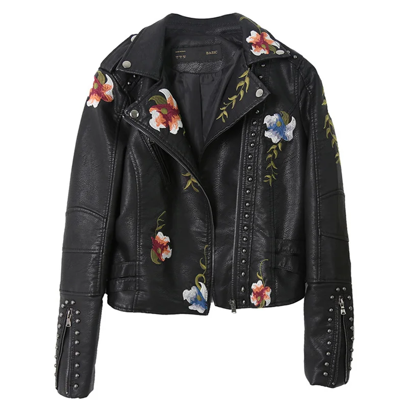 

iSurvivor 2019 Women Floral Print Embroidery Faux Soft Leather Jacket Coat Turn-down Collar Casual Pu Motorcycle Black Punk