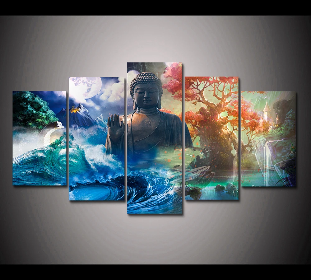 HD-Print-5-Panels-Feng-Shui-canvas-wall-art-landscape-Buddha-Painting-home-decor-wall-art
