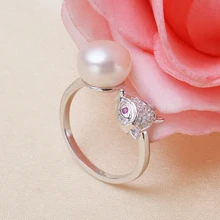 Real 925 sterling silver fox 9-10mm Freshwater Pearl ring with crystal animal design jewelry best gifts for girl