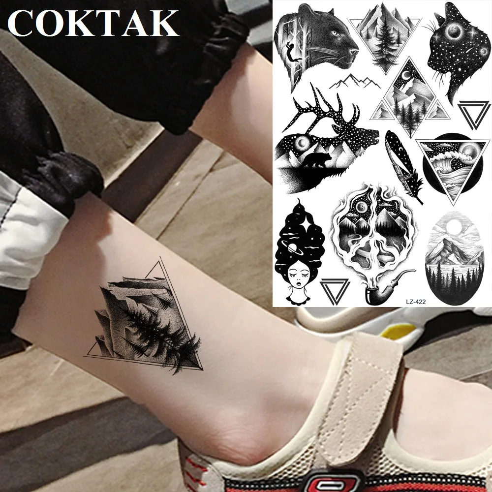 

3D Black Triangle Peak Deer Cheetah Cats Planet Tattoos Temporary Women Fake Waterproof Arm Tattoo Stickers Men Ankle Tree Tatto