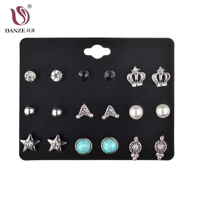 

DANZE 9 Pairs/lot Fashion Stud Earring Set Crown Square Crystals For Women Vintage Heart Flower Women Ear Jewelry Wholesale