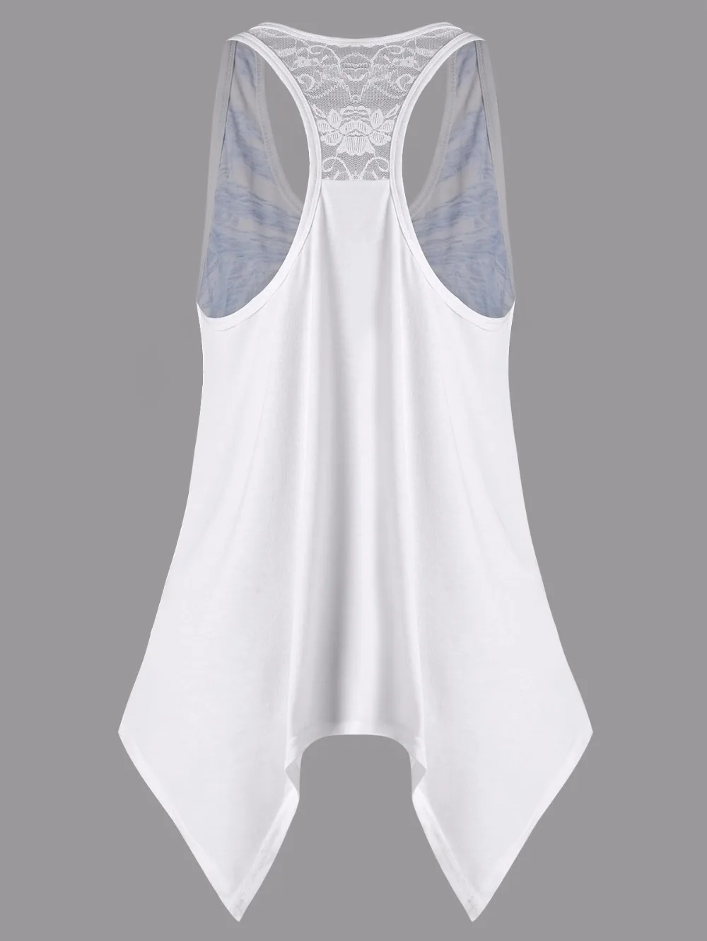 VESTLINDA Feather Print Lace Insert Handkerchief Tank Top Women Clothing Racerback Tank Top Summer 2018 Swing Tunic Tank Tops 2