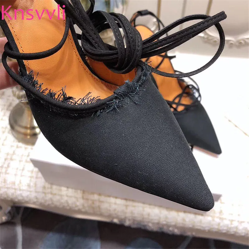 Женские туфли-лодочки на высоком каблуке в необычном стиле для подиума; босоножки из пеньковой ткани с перекрестной шнуровкой на лодыжке; женская обувь для вечеринок на каблуке с круглым кулоном