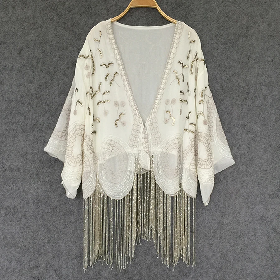 Cream colored Cardigan chiffon boho Blouses Handmade beaded tassel ...