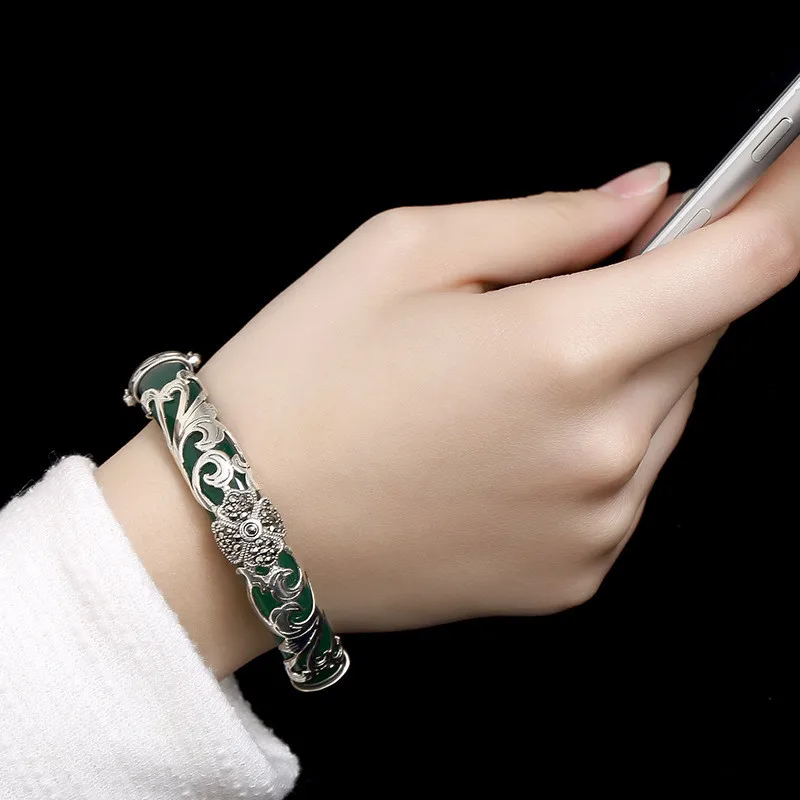 Женский браслет в китайском стиле из стерлингового серебра S925 пробы Ретро Клевер марксай камень инкрустированный натуральный халцедон Дамский высококлассный браслет
