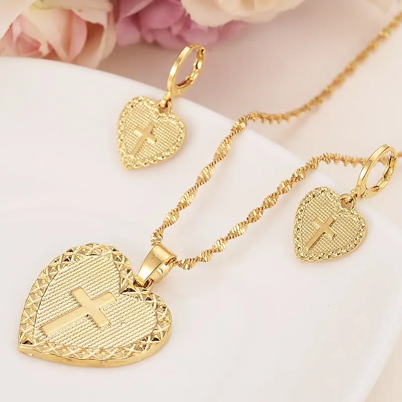Heart cross Jewelry sets Classical Necklaces Earrings Set 14 K Yellow
