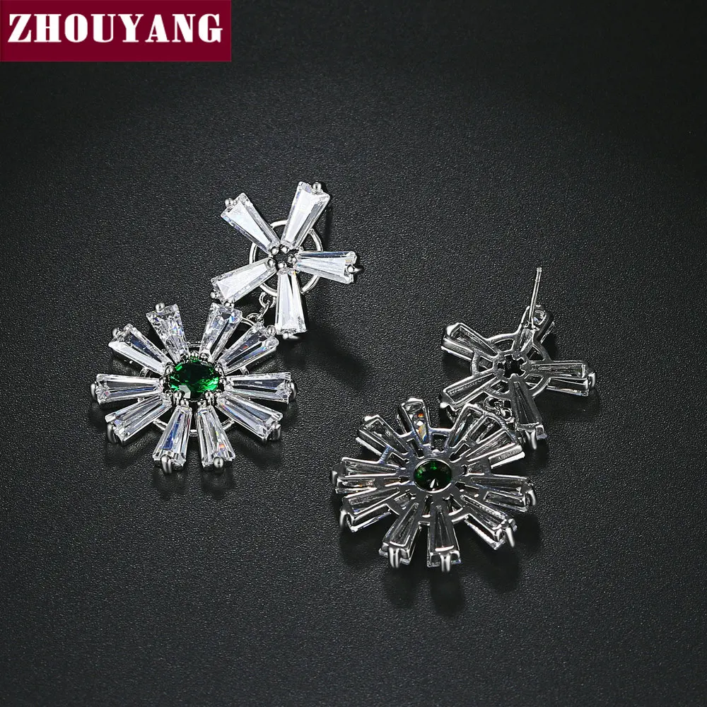 ZHOUYANG Drop Earring For Women Elegant Style Two-color Flower Cubic Zirconia Silver Color Birthday Gift Fashion Jewelry E148