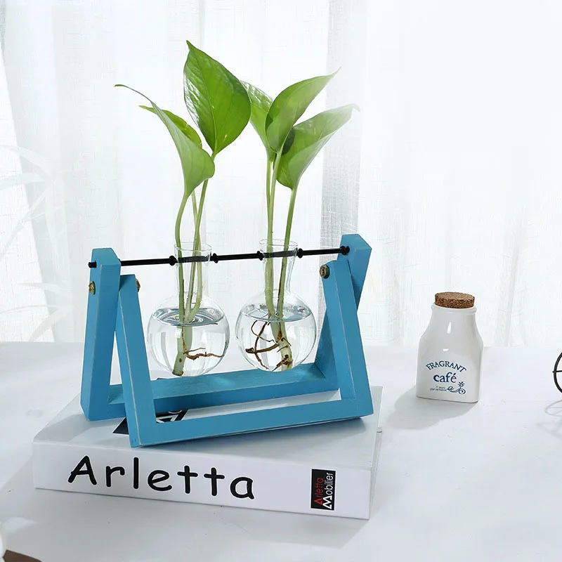 Скандинавские Гидропонные вазы для растений, креативные прозрачные стеклянные вазы, деревянная рамка, настольные декоративные домашние кофейни, художественные поделки - Цвет: Blue 2