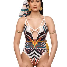 V шеи бандажный цельный купальник женский пуш-ап купальник с вырезом Монокини Купальный Костюм Племенной этнический принт бикини пляжная одежда