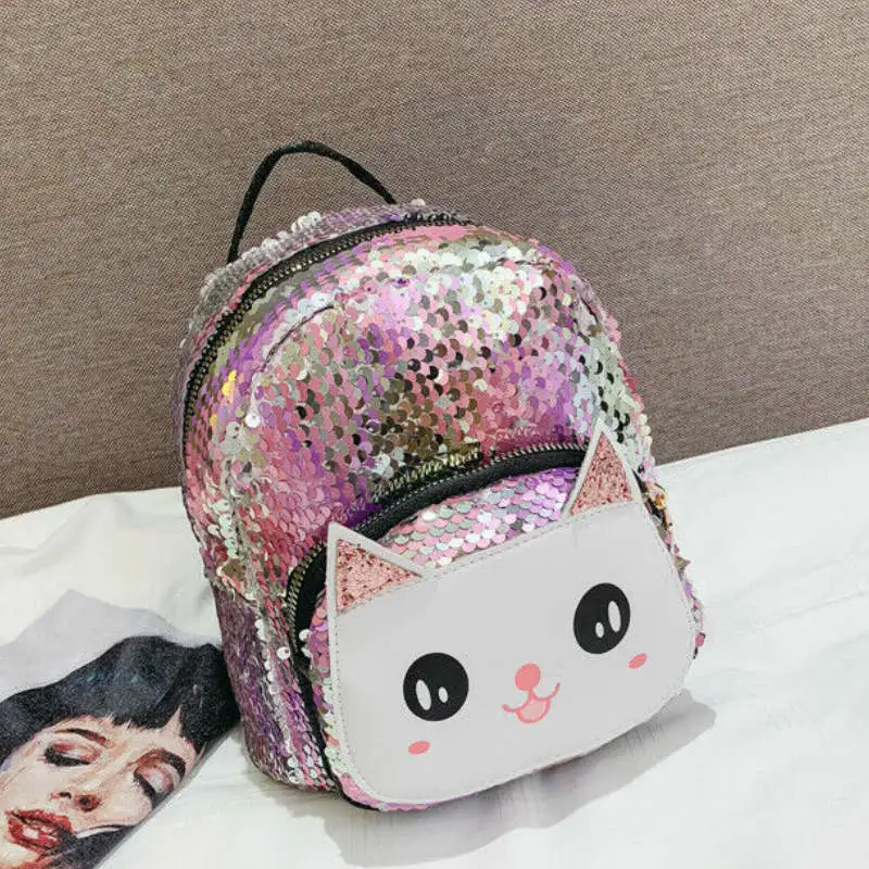 

Small Sequin Bling Backpack PU Leather Girl Mini School Bag 2019 Cute Cartoon Cat Backpack Brithday Gift For kids